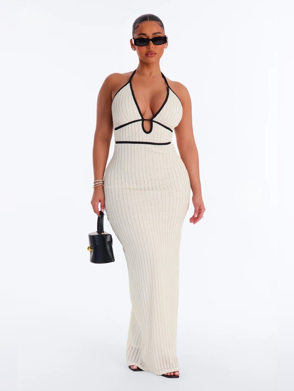 Plunging Halter Ribbed Maxi Dress in Cream with Black Trim